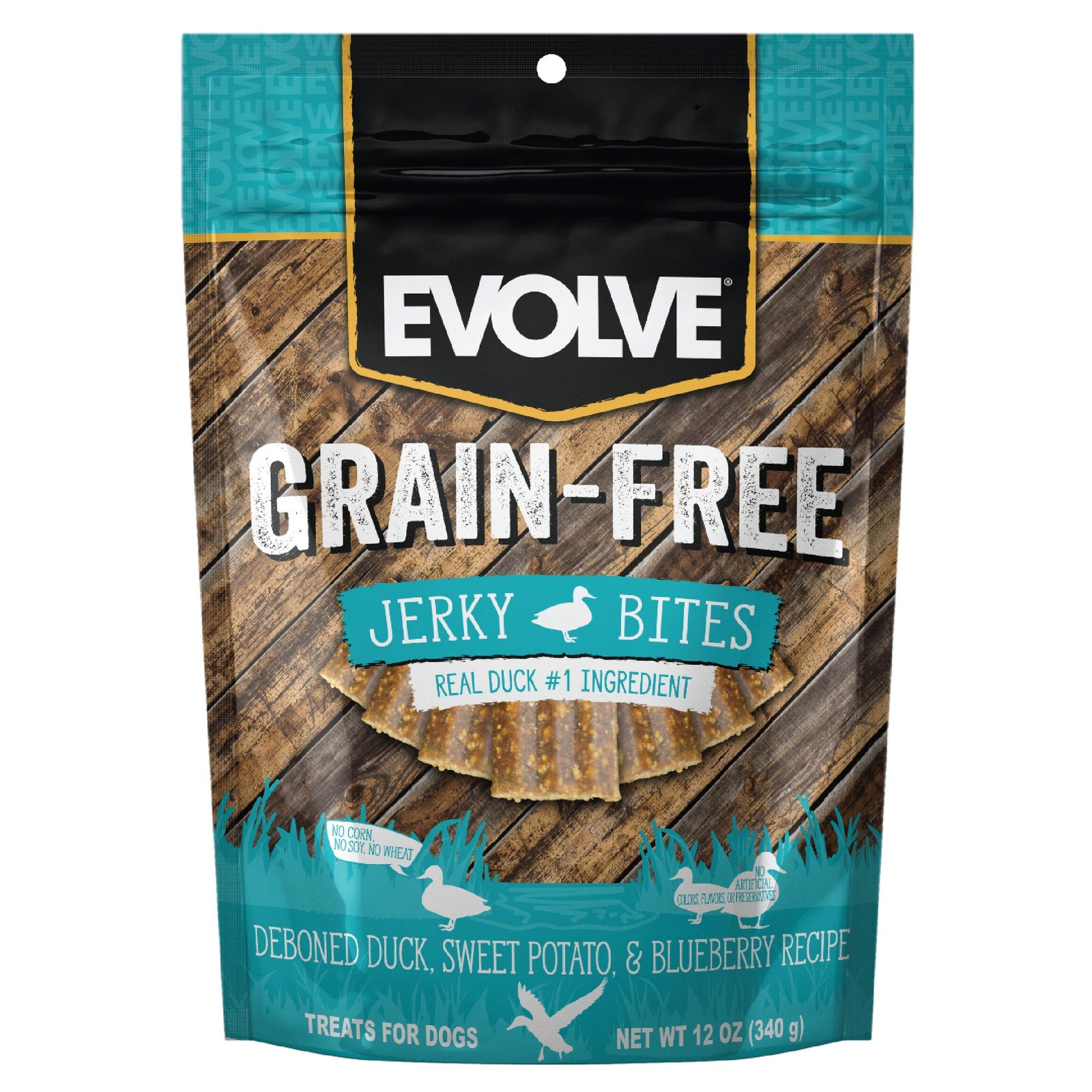 Evolve Grain Free Deboned Duck Blueberry Jerky Bites for Dogs 12 Ounce