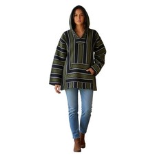 Baja Hoodie Mexican Blanket Womens L Striped Woven Surfer Boho Beach Pullover
