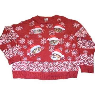 Hässlicher Weihnachtspullover Katze Nikolausmütze rot Schneeflocke Fair Isle Party XL lustig 