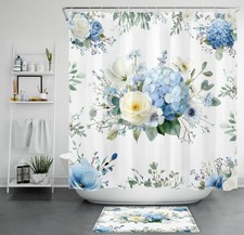 Sage Green Leaf Blue Hydrangea Floral Shower Curtain Set for Bathroom Decor