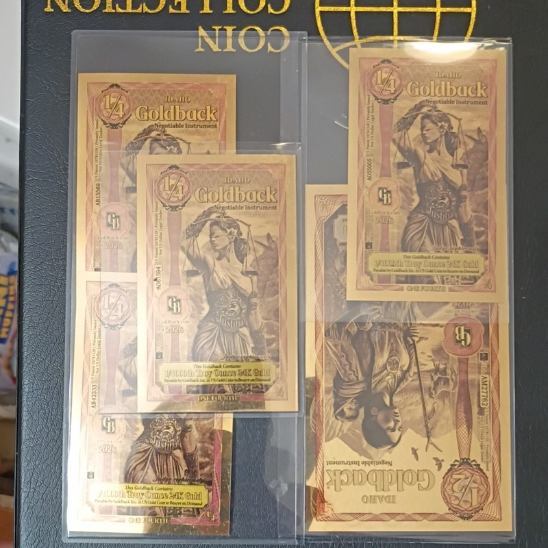 Lot Of Four 1/4 Notes, And One 1/2 Note. Goldbacks, Gold Notes, 24K Fine Gold