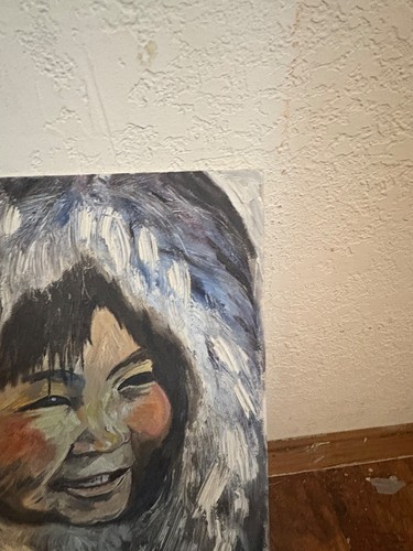 Dipinto olio originale di bambino Inuit di J. Jacobsen tela grigio nero LEGGI - Foto 3 di 7