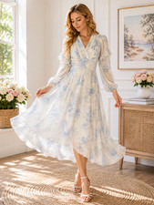 Women's Elegant Floral Midi Dress V-Neck Long Sleeve A-Line High Waist S-XL