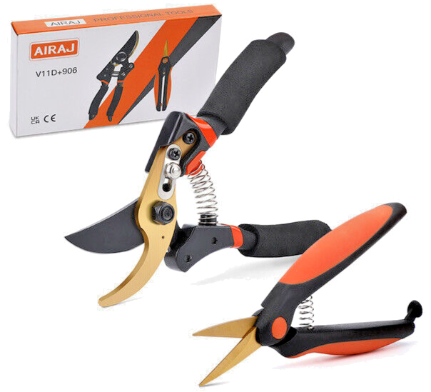 AIRAJ 2pc Garden Secateurs Set Bypass Pruning Shears + SK5 Steel Micro Snips