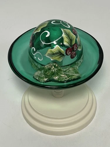 Fenton Emerald Green Glass Red Holly Hand Painted Hat with Wooden Stand Signed