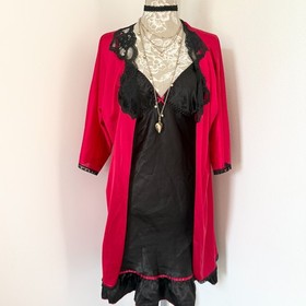 Vintage Red Black Nylon Lace Trim Lingerie Robe Made in USA Kimono Style