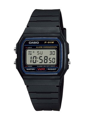 CASIO F-91W-1YEG Digitaluhr 7-Jahr-Batt. schwarz Bundle inkl. Handy-Aufsteller