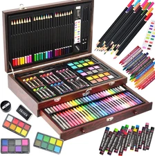 Wooden Box Art Coloring Set，143Pc Drawing Supplies,Painting Coloring Kit,Portabl