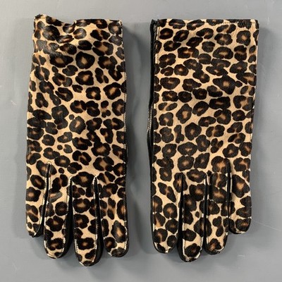 BURBERRY PRORSUM Size 8.5 Beige Brown Black Animal Print Calf Hair Gloves