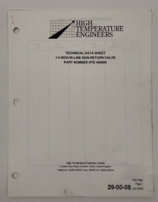 High Temperature Engineers 1/4 Inch In-Line Non-Return Valve Part No. HTE 400004