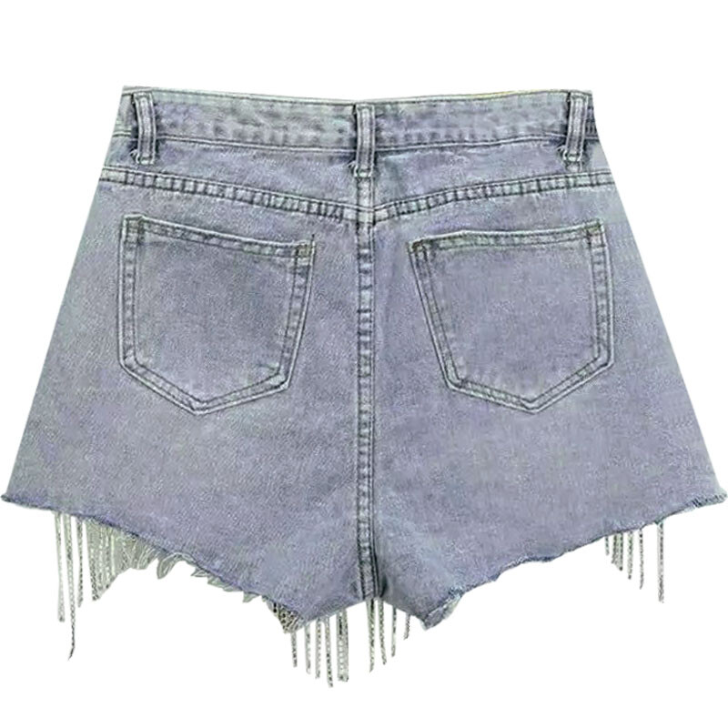Women Mini Denim Shorts Rhinestone Crystal Tassels Fringe