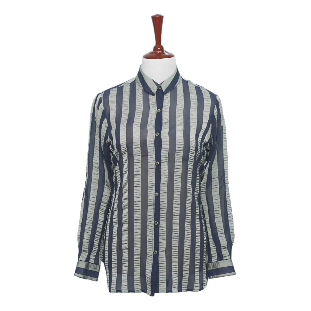 Womens Silky Shirt Button Up Blue Gray Striped Chiffon Dress Casual Party  Medium | eBay