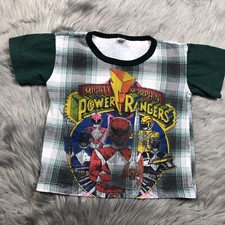 Vintage 90s Power Rangers Green White Plaid Kids Children s T Shirt