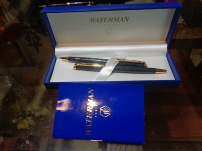 Waterman Hemisphere Set Marble Grey & Gold Ballpoint Pen & Pencil In Box Mint *