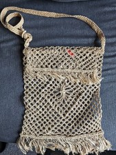 Vintage Macrame Fringed Woven Boho Crochet Crossbody 11"x12" Bag Purse Handbag