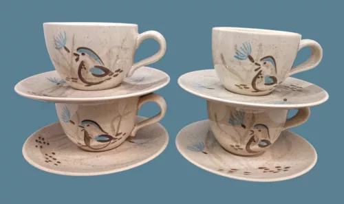 SET 4 Vintage Mid Century Red Wing Pottery Bob White Cup and Saucer Quail Bird