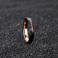 4mm Rose Gold Line Mens Womens Ring Black Faceted Tungsten Wedding Band Ring