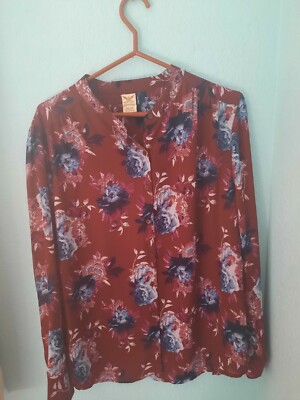 FADED GLORY BLOUSE POLYESTER LONG SLEEVE FLOWERS BORDEAUX SIZE XXL