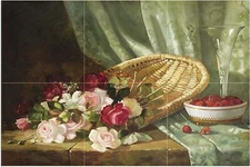 Still Life Roses Raspberries Tile Mural Kitchen Wall Backsplash Marble Ceramic