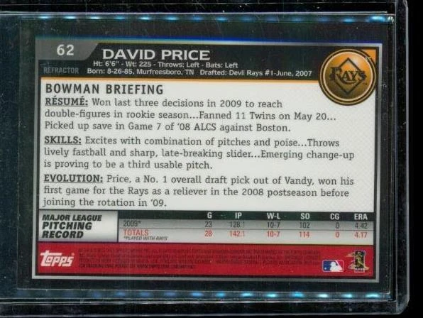 2010 TOPPS BOWMAN CHROME Refractor Baseball Trading Card #62 DAVID PRICE Rays - Image 2 of 2
