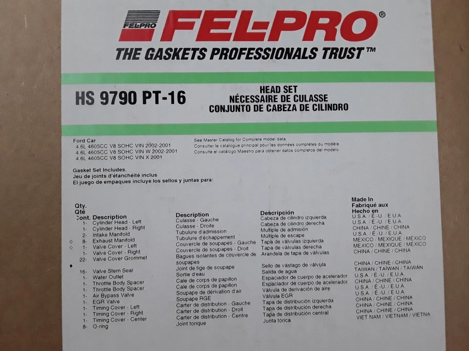 Juego de juntas de culata de motor Fel-Pro HS 9790 PT-16 para Ford, Lincoln, Mercury Foto 2 de 2
