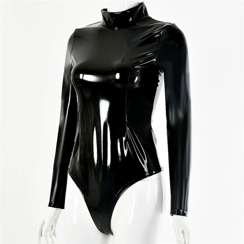 Women Faux Latex Bodysuit Turtleneck Long Sleeve Black Spandex Wet Look  Leotard | eBay