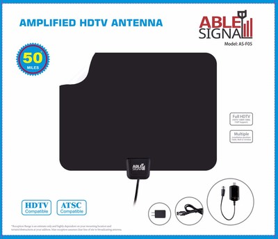 NEW AMPLIFIED INDOOR THIN FLAT HDTV TV ANTENNA 50 MILES 5dB GAIN VHF ...