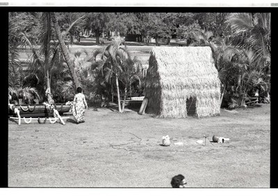 sl35 Negative 1970s Hawaii Woman Outrigger Canoe Thatched Hut 091a