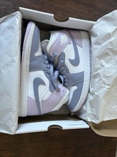 Nike Air Jordan 1 Mid Kids Basketball Shoes Purple White Grey Leather