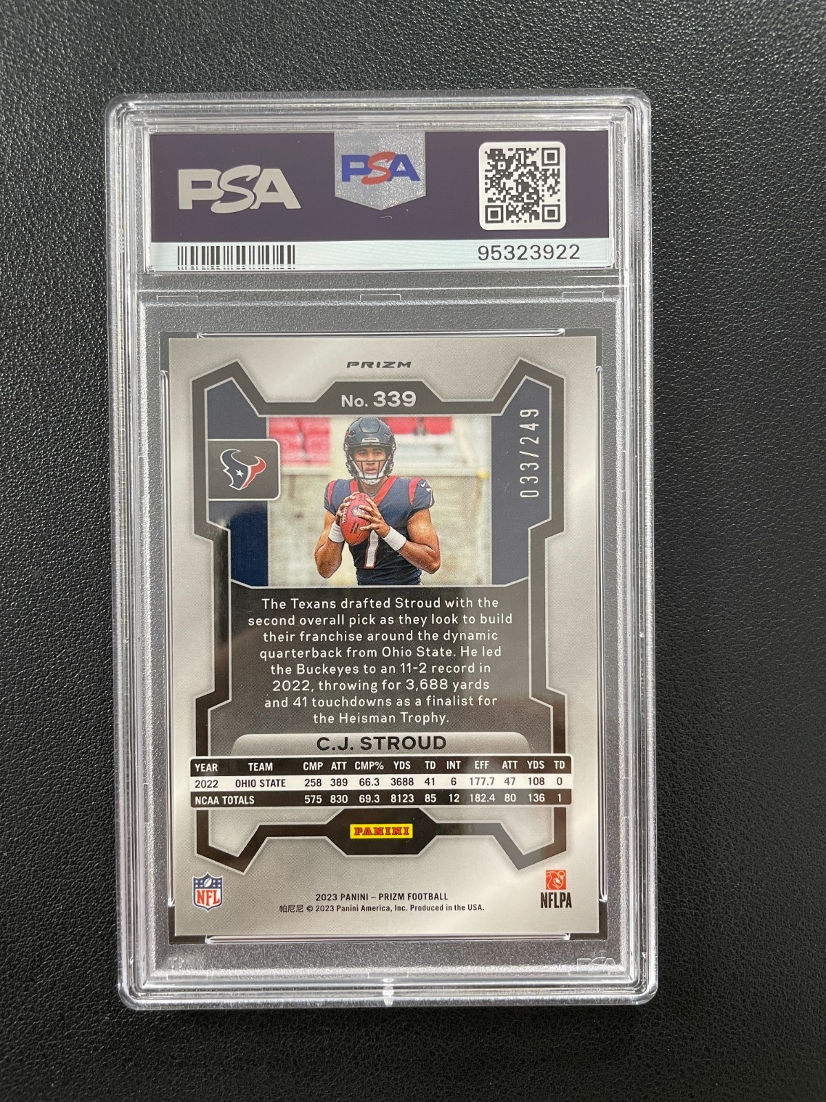 2023 Panini Prizm C.J. Stroud Rc Rookie Orange 033/249 #339 Texans PSA 10 BJST view 2