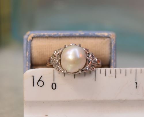Antique Edwardian 14K Platinum Diamond Natural Saltwater Pearl Ring sz 5.75 - Picture 5 of 13