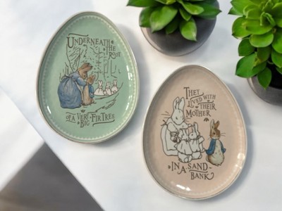 Pottery Barn Set of 2 Beatrix Potter Peter Rabbit Melamine Plates Egg Shape 9.5 