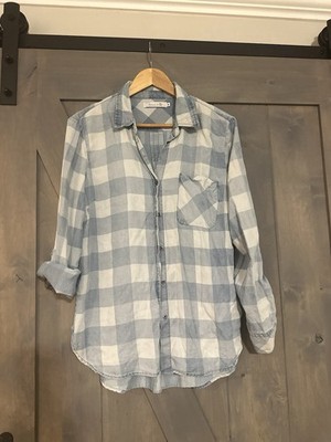 Billy T Striped Chambray Shirt Women M Lyocell Linen Roll Tab Sleeve Cottagecore