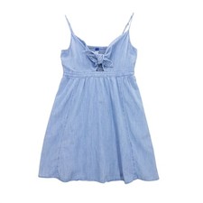 Old Navy Chambray Mini Dress Women L Blue Tie Front Cutout Smocked Pockets