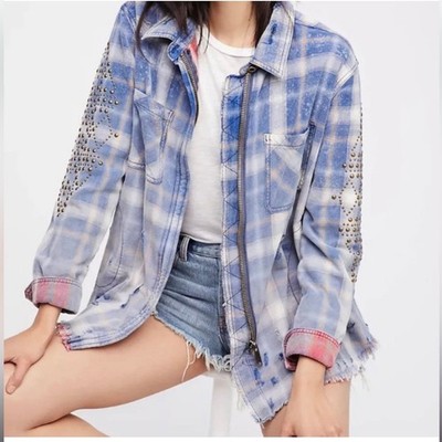 Free People Jacket Women Small Blue Plaid Deconstructed Boho Flannel Zip Grunge