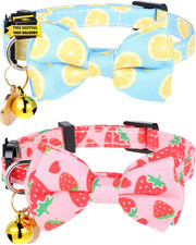 2 Pcs Cat Collar with Bow Tie and Bell, Cotton Adjustable Lemon Strawberry Summe