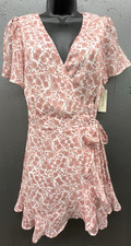 Wrap Mini Dress M Pink Floral Ruffle Flutter Sleeve Boho Cottage Fairy Y2K NEW