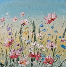 Original oil painting summer landscape flowering meadow botanical art 8x8"