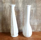 Lot of 2 Vintage Milk Glass Bud Vases, Ribbed Pattern and Stars and Bars 9 inch
