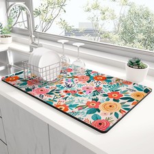 Dish Drying Mat for Kitchen Counter, 12 x 19" Cute Flower Super Absorbent Dra...