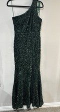 Fashion Nova Green Sequin One Shoulder Prom Dress Maxi Evening Gown Slit M