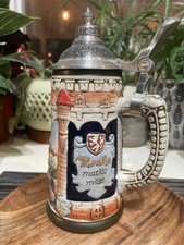 Korbel Prague Czech Bohemian Castle Beer Stein Pewter Lid Hand Painted Vintage