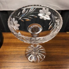 VINTAGE Cut Crystal Glass Shallow Compote American ABP Flowers Scalloped Rim