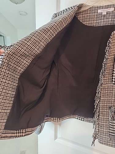 Blazer Chico's donna 1,5 grigio a quadri tweed bordo frange aperto davanti giacca classico - Foto 11 di 16