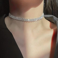 JEAIRTS Rhinestone Choker Necklace Silver Diamond Row Necklaces Sparkly Cryst...