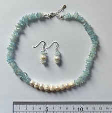 Aquamarine & freshwater pearl necklace & drop earrings, sterling silver clasp