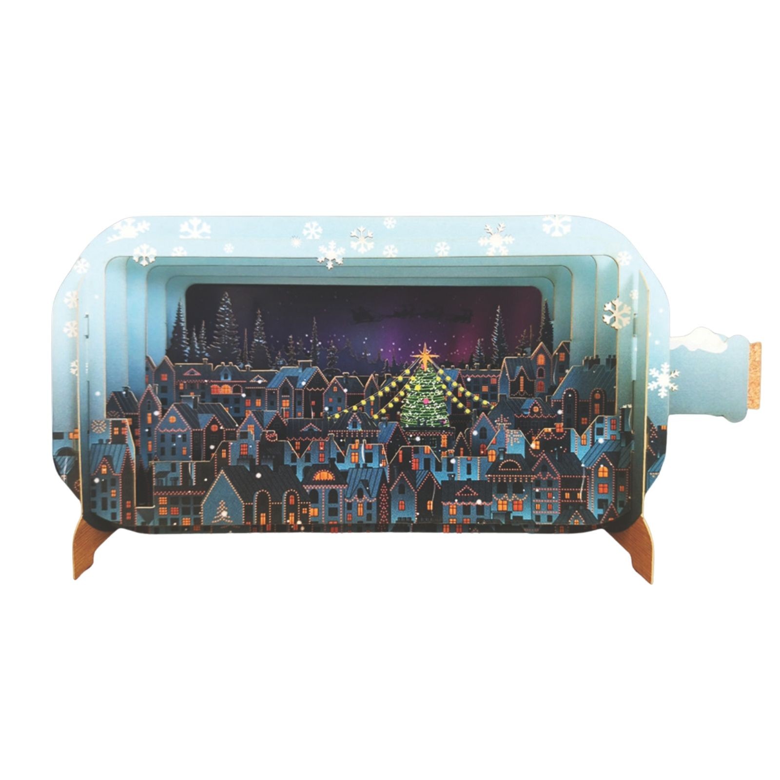 Message In A Bottle 3D Pop Up Christmas Card Festive Town At Night Xmas Greeting