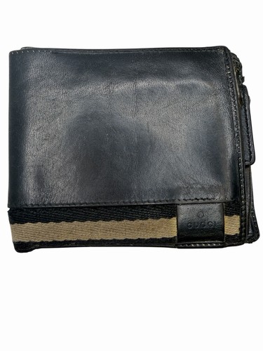 Gucci Men’s Web Black Smooth Leather Compact Bifold Wallet Italy 