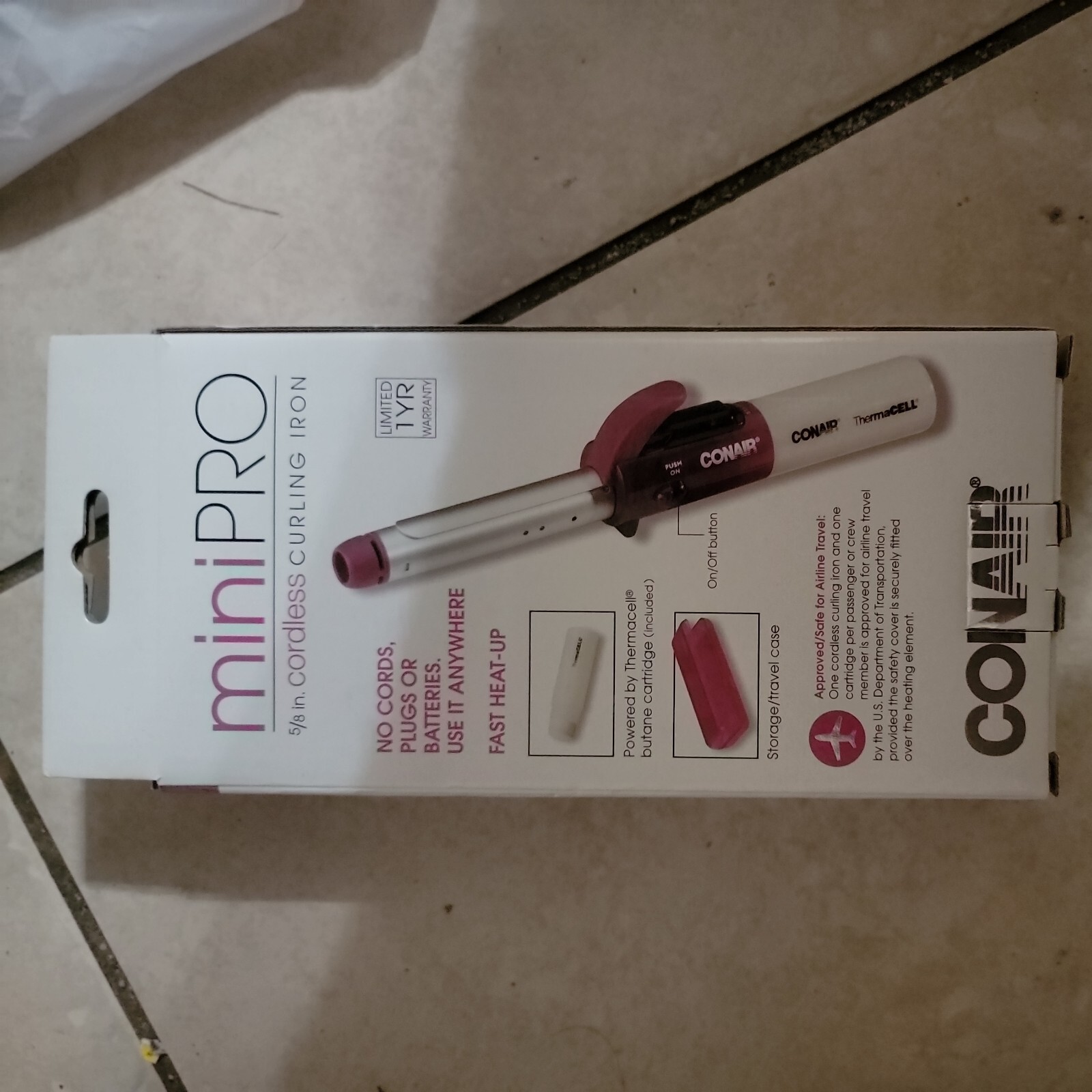 Thermacell Conair Mini Pro Cordless Curling Iron 5/8" Heats In 2