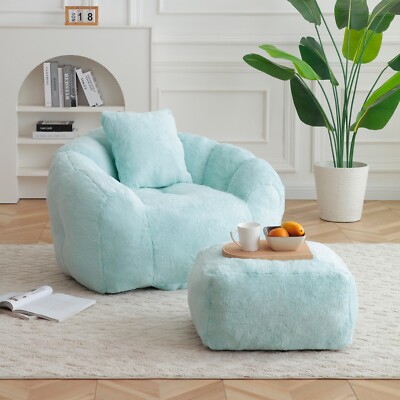 Light Blue Giant Bean Bag Chair with Footstool,Faux Fur Shell-Shaped Large Chair